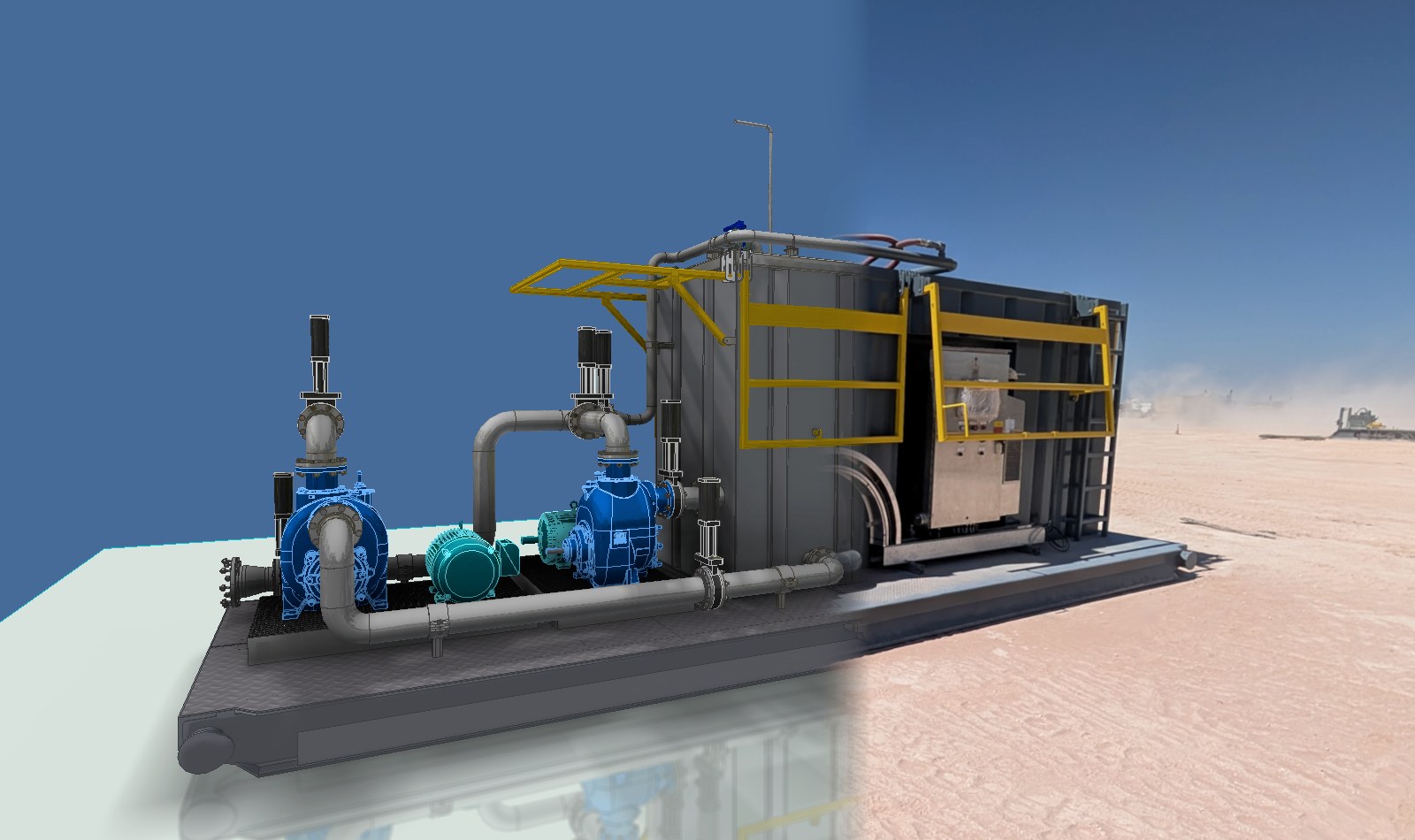 Pump back tank skid: render on the left, the built unit on location on the right